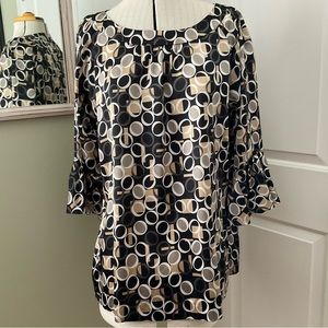 BLACK AND TAUPE GEOMETRIC PATTERN PRINT BLOUSE, SIZE: L